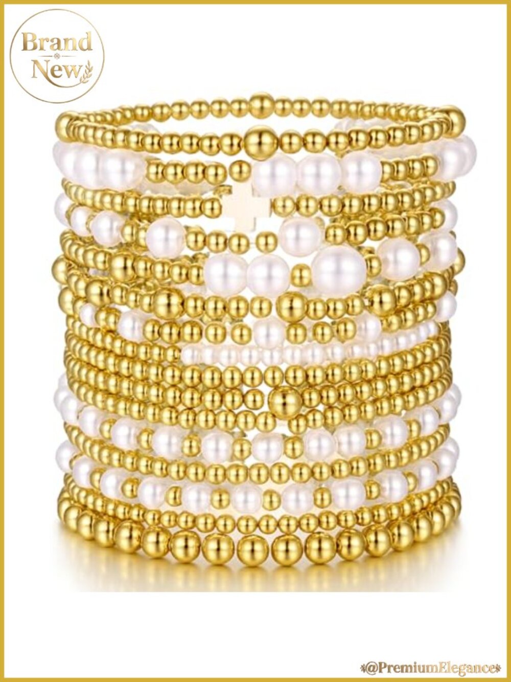 16PC Gold Plated Bead & Pearl Stackable Stretch Bracelets Set for Women